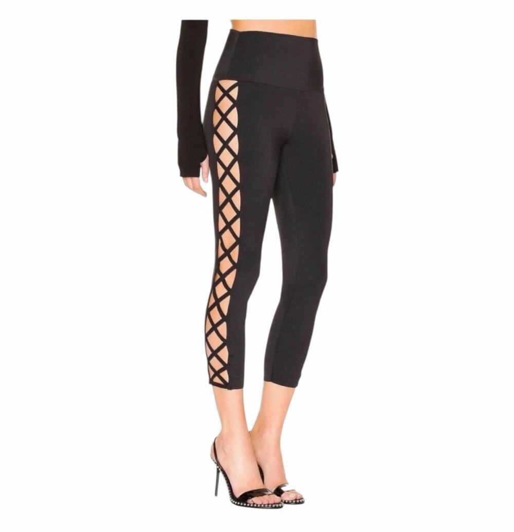 Norma Kamali X Legging Black Cutout Lattice Side High Rise Cropp Leggings XS NWT